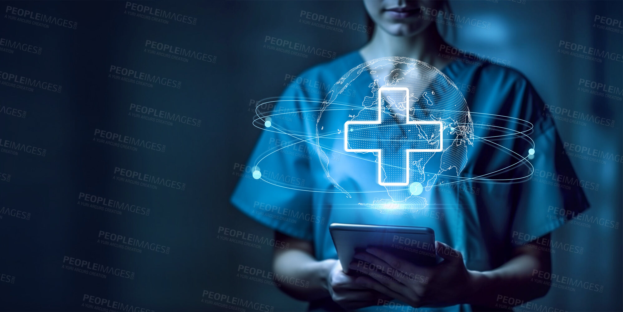 Buy stock photo Tablet, globe or hologram for medical nurse hands in research, networking or telehealth. Ai generated medicine, healthcare and digital world with closeup woman for technology, data and life insurance