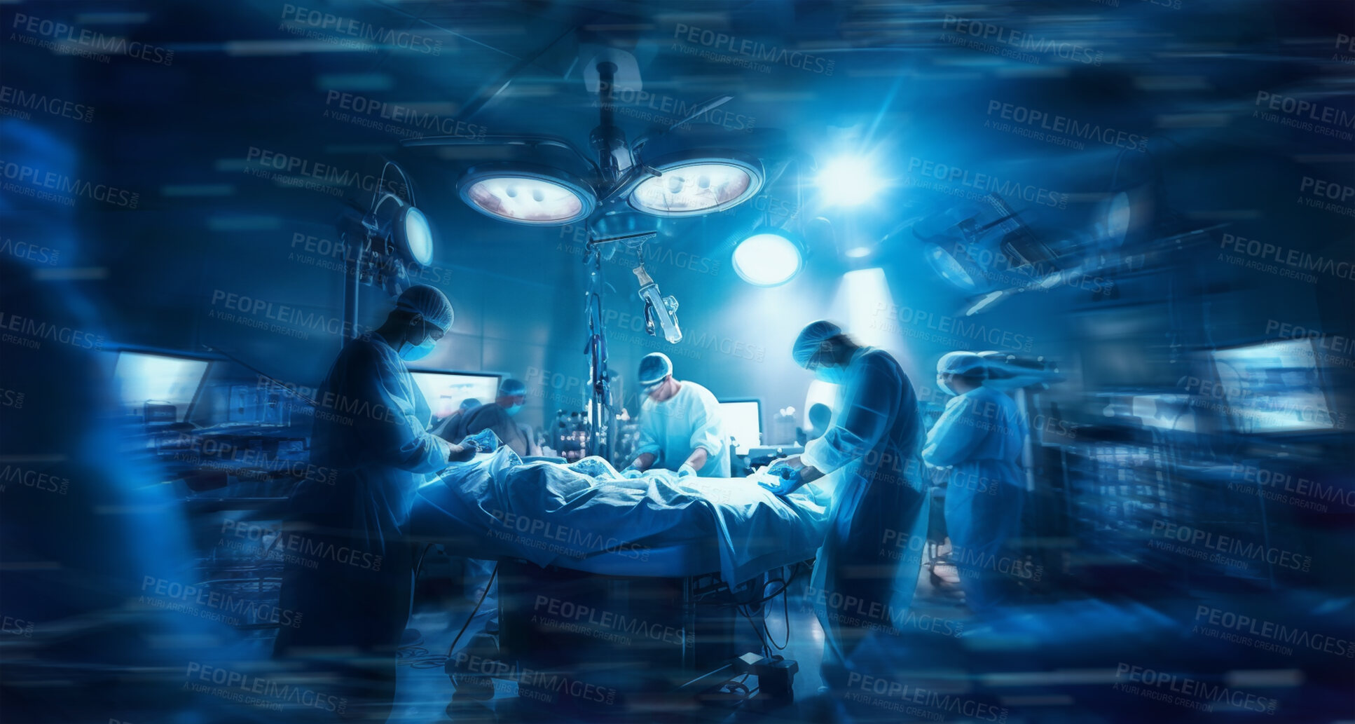 Buy stock photo Teamwork, surgery and medicine doctors in hospital for medical, treatment or collaboration. Ai generated operation, emergency and help with people in operating room for clinic, disease and healthcare