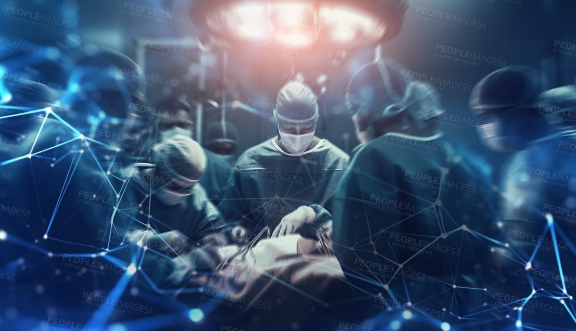 Buy stock photo Teamwork, surgery or medical group of doctors in hospital for medicine, treatment or collaboration. Ai generated operation, emergency help or people in operating room for clinic, disease or diagnosis