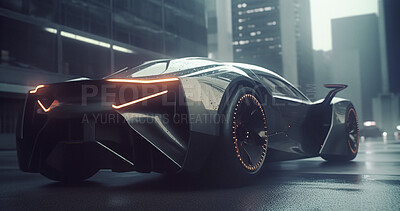 Sci fi, cyberpunk and abstract with car in city for electrical, luxury and lighting. Ai generated, art and future with futuristic vehicle driving for innovation, design and transportation technology