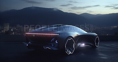 Sci fi, cyberpunk and road with car in city for electrical, luxury and lighting. Ai generated, art and future with futuristic vehicle driving for innovation, design and transportation technology