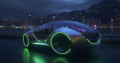 Sci fi, future and cyberpunk with car in city for electrical, luxury and lighting. Ai generated, art and design with futuristic sports vehicle driving for innovation, technology and transportation