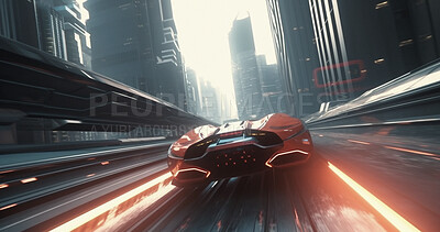 Sci fi, future and speed with car in city for electrical, luxury and lighting. Ai generated, abstract art and cyberpunk with futuristic vehicle driving for innovation, technology and transportation