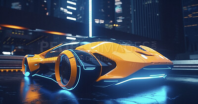 Sci fi, future and design with car in city for electrical, luxury and lighting. Ai generated, abstract art and cyberpunk with futuristic vehicle driving for innovation, technology and transportation