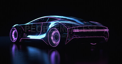 Sci fi, future and design with car on background for electrical, luxury and lighting. Ai generated, art and cyberpunk with futuristic vehicle driving for innovation, technology and transportation