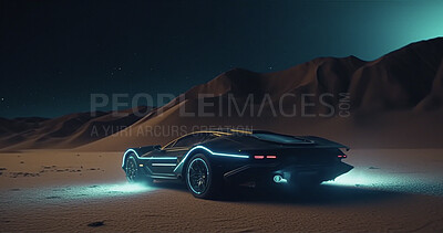 Sci fi, future and design with car in desert for electrical, luxury and lighting. Ai generated, art and cyberpunk with futuristic sports vehicle driving for innovation, technology and transportation