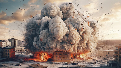Buy stock photo Smoke, apocalypse and nuclear explosion of building in city for battle, fire and armageddon. Catastrophe, crisis and danger with attack with mushroom cloud for ai generated, atomic nuke and power
