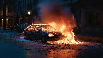 Buy stock photo Smoke, fire and explosion with car in city for disaster, apocalypse and damage, Danger, smoke and ai generated with burning vehicle in road for emergency, armageddon and accident catastrophe