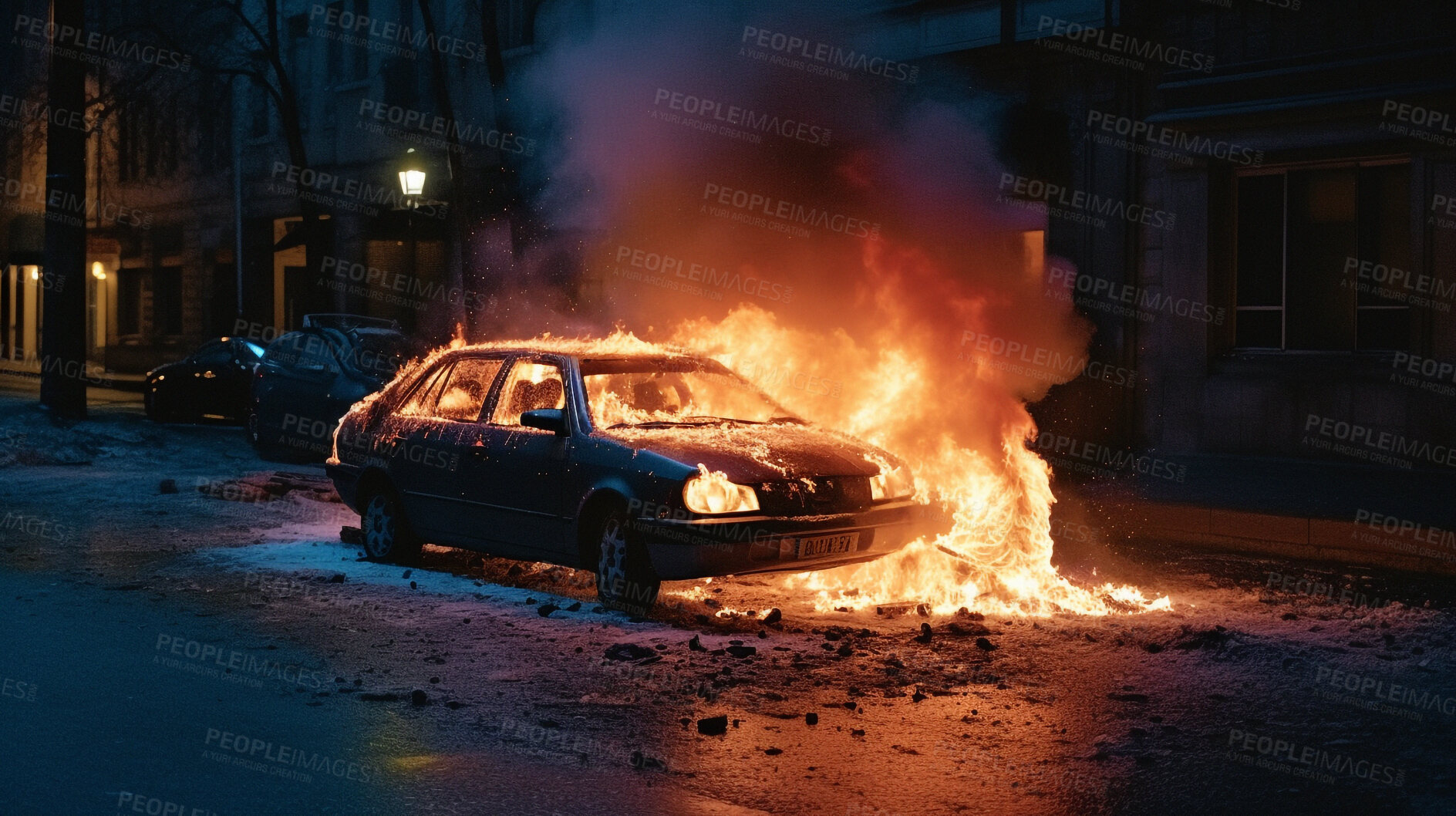 Buy stock photo Smoke, fire and explosion with car in city for disaster, apocalypse and damage, Danger, smoke and ai generated with burning vehicle in road for emergency, armageddon and accident catastrophe