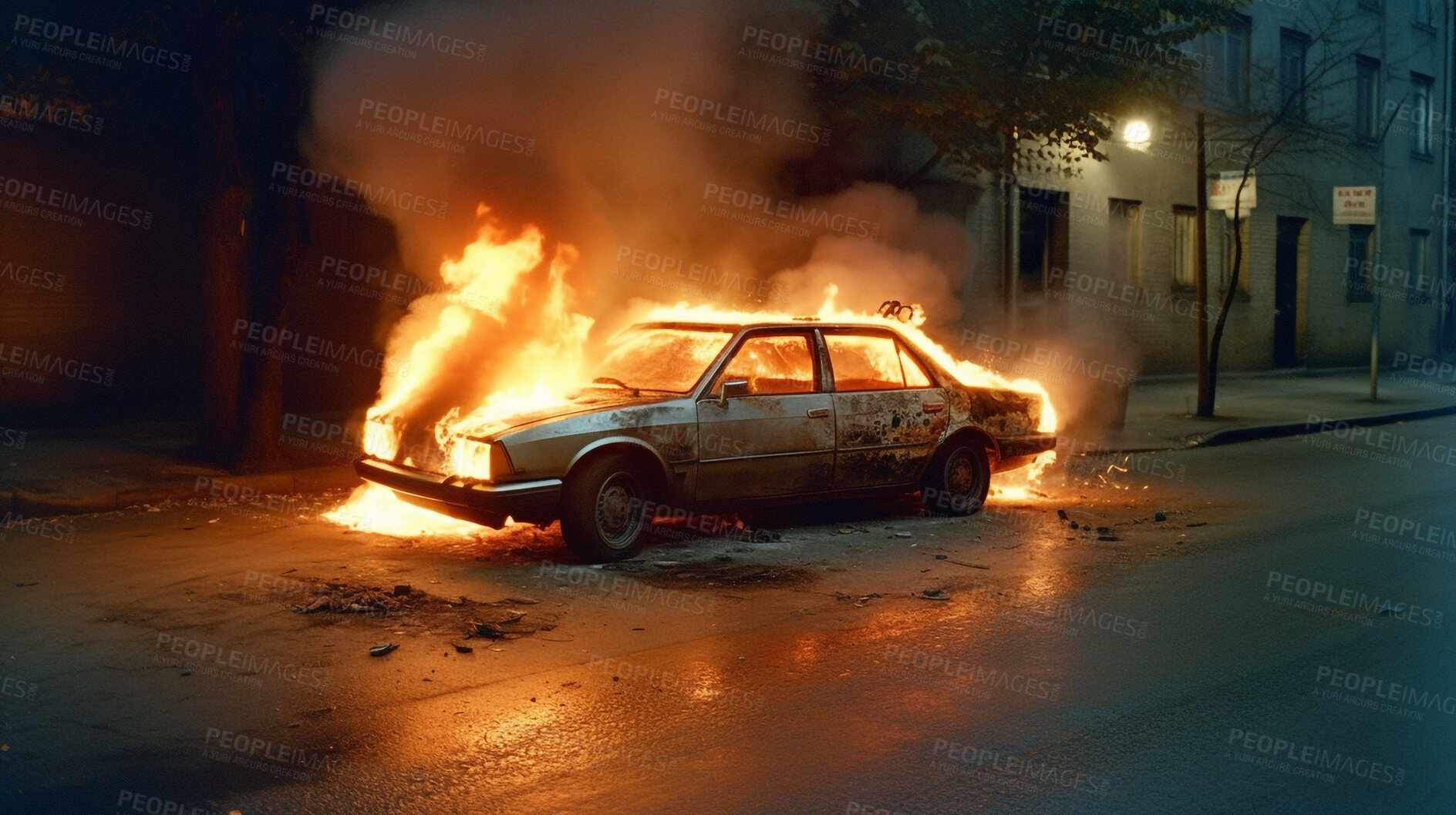 Buy stock photo Accident, fire and explosion with car in city for disaster, apocalypse and damage, Danger, smoke and ai generated with burning vehicle in road for smoke catastrophe, armageddon and emergency