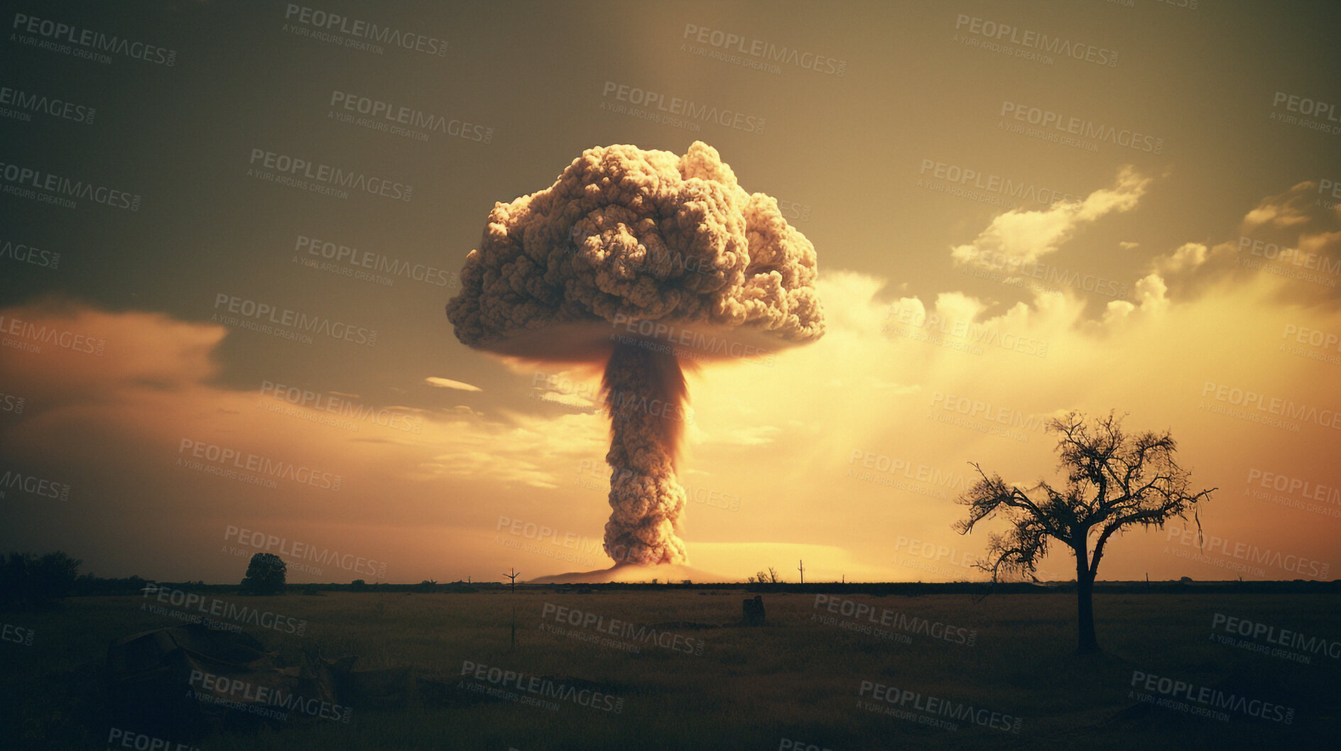 Buy stock photo Military, smoke and nuclear explosion of bomb for battle, accident and armageddon. Apocalypse, danger and crisis with nuke attack and mushroom cloud for ai generated, atomic disaster and power