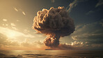 Military, smoke and nuclear explosion of bomb for battle, accident and armageddon. Apocalypse, danger and crisis with nuke attack and mushroom cloud for ai generated, atomic disaster and power