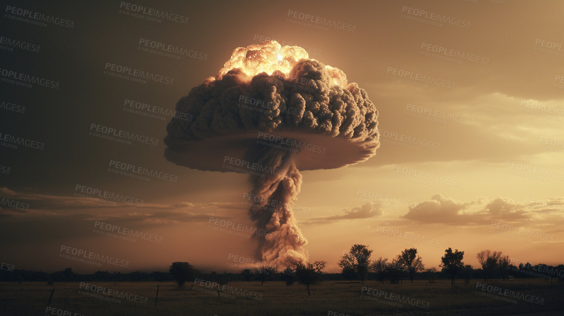 Buy stock photo Military, disaster and nuclear explosion of bomb in countryside for battle, disaster and armageddon. Apocalypse, smoke and crisis with nuke attack and mushroom cloud for ai generated, atomic or power