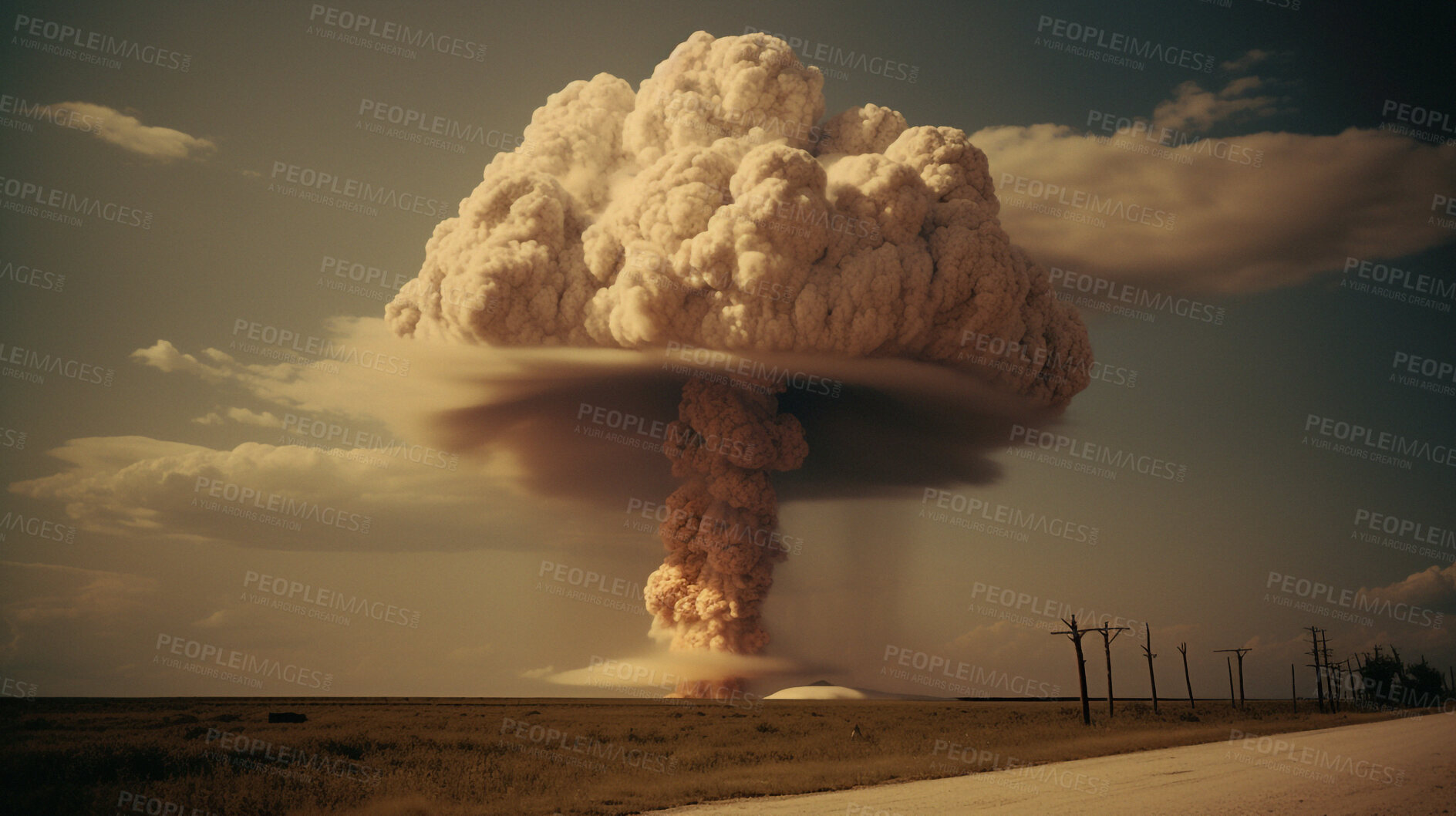 Buy stock photo Danger, apocalypse and nuclear explosion of bomb in countryside for battle, disaster and armageddon. Disaster, smoke and crisis with nuke attack and mushroom cloud for ai generated, atomic and power