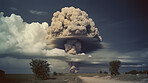 Fire, apocalypse and nuclear explosion of bomb in countryside for battle, disaster and armageddon. Danger, smoke and crisis with nuke attack and mushroom cloud for ai generated, atomic and power