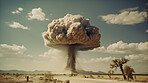 Disaster, apocalypse and nuclear explosion of bomb in countryside for battle, fire and armageddon. Danger, smoke and crisis with nuke attack and mushroom cloud for ai generated, atomic and power