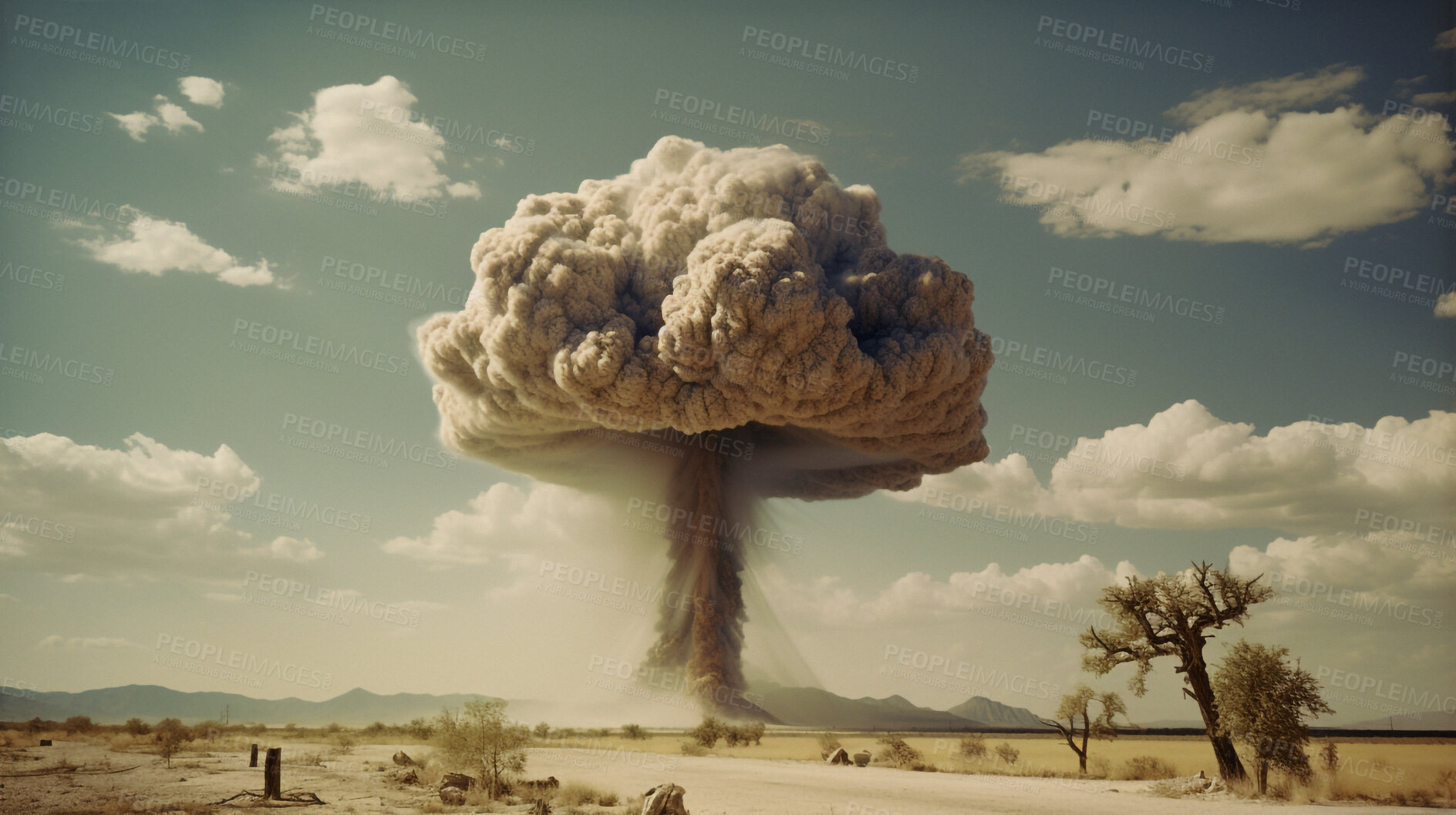 Buy stock photo Disaster, apocalypse and nuclear explosion of bomb in countryside for battle, fire and armageddon. Danger, smoke and crisis with nuke attack and mushroom cloud for ai generated, atomic and power