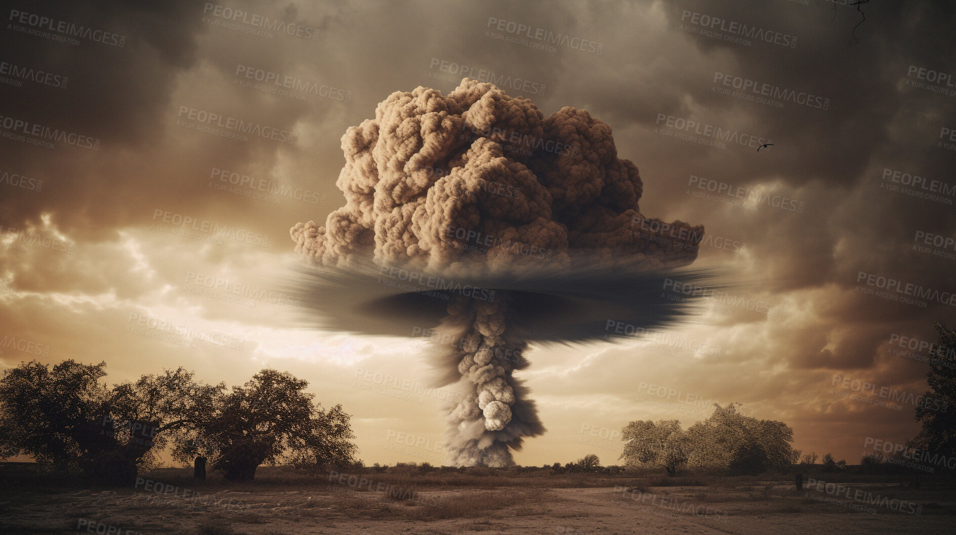 Buy stock photo Sky, apocalypse and nuclear and explosion of bomb in nature for battle, fire and armageddon. Danger, smoke and crisis with nuke attack and mushroom cloud for ai generated, atomic and power