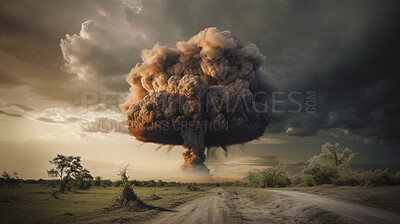 Buy stock photo Disaster, apocalypse and nuclear and explosion of bomb in nature for battle, fire and armageddon. Danger, smoke and crisis with nuke attack and mushroom cloud for ai generated, atomic and power