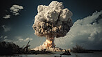 Danger, apocalypse and nuclear and explosion of bomb in nature for battle, fire and armageddon. Disaster, smoke and crisis with nuke attack and mushroom cloud for ai generated, atomic and power