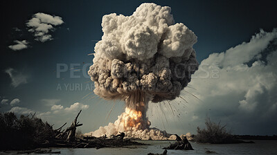 Buy stock photo Danger, apocalypse and nuclear and explosion of bomb in nature for battle, fire and armageddon. Disaster, smoke and crisis with nuke attack and mushroom cloud for ai generated, atomic and power