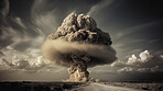 Danger, apocalypse and nuclear explosion of bomb in countryside for battle, fire and armageddon. Disaster, smoke and crisis with nuke attack and mushroom cloud for ai generated, atomic and power