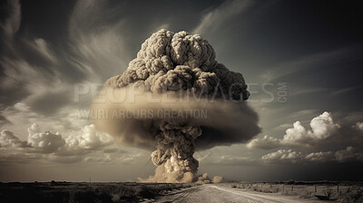 Buy stock photo Danger, apocalypse and nuclear explosion of bomb in countryside for battle, fire and armageddon. Disaster, smoke and crisis with nuke attack and mushroom cloud for ai generated, atomic and power