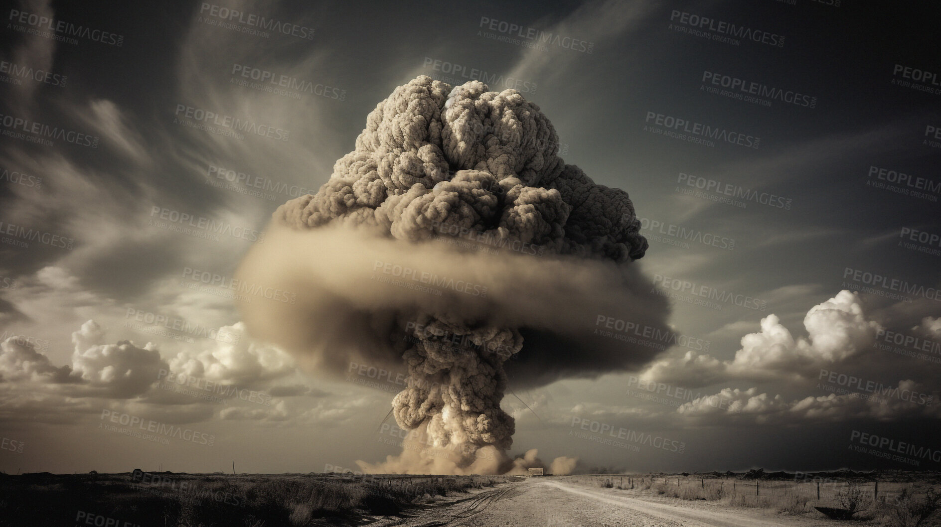 Buy stock photo Danger, apocalypse and nuclear explosion of bomb in countryside for battle, fire and armageddon. Disaster, smoke and crisis with nuke attack and mushroom cloud for ai generated, atomic and power