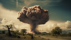 Danger, fire and nuclear explosion of bomb in countryside for battle, apocalypse and armageddon. Disaster, smoke and crisis with attack and mushroom cloud for ai generated, atomic and power