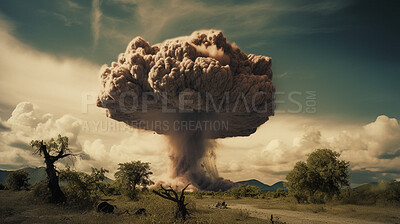 Buy stock photo Danger, fire and nuclear explosion of bomb in countryside for battle, apocalypse and armageddon. Disaster, smoke and crisis with attack and mushroom cloud for ai generated, atomic and power