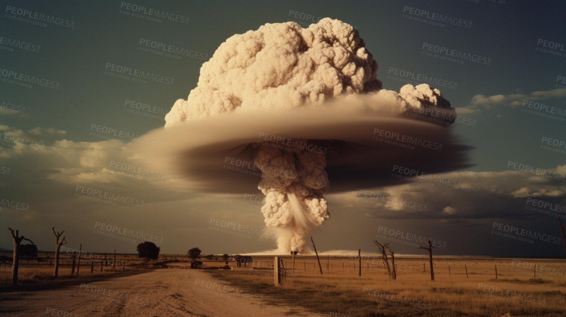 Buy stock photo Smoke, apocalypse and nuclear explosion of bomb in countryside for battle, disaster and armageddon. Disaster, crisis and danger with attack with mushroom cloud for ai generated, atomic and power