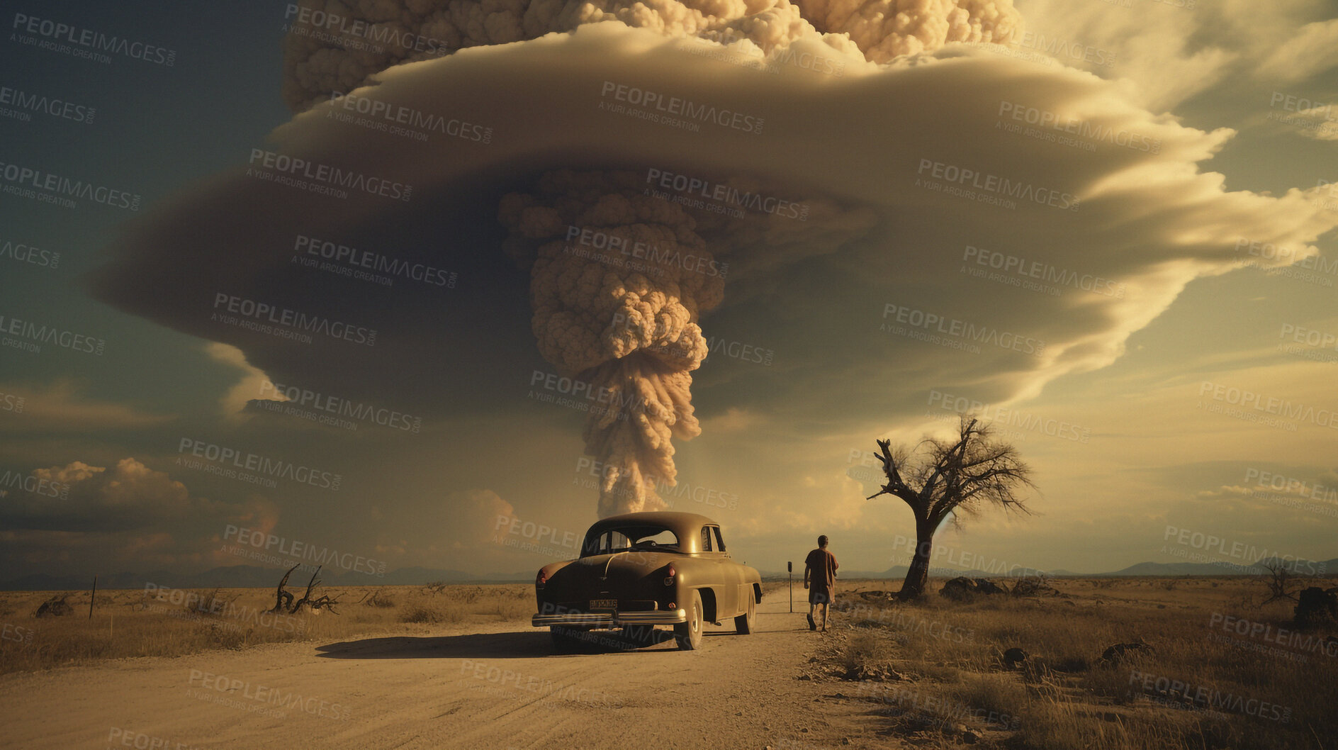 Buy stock photo Crisis, apocalypse and nuclear explosion of bomb in countryside for battle, disaster and armageddon. Disaster, crisis and danger with attack with mushroom cloud for ai generated, atomic and power