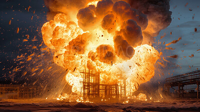 Buy stock photo Smoke, accident and explosion of oil rig at sea for damage, emergency and danger. Catastrophe, crisis and fire with refinery machine on ocean platform for ai generated, industrial energy and power