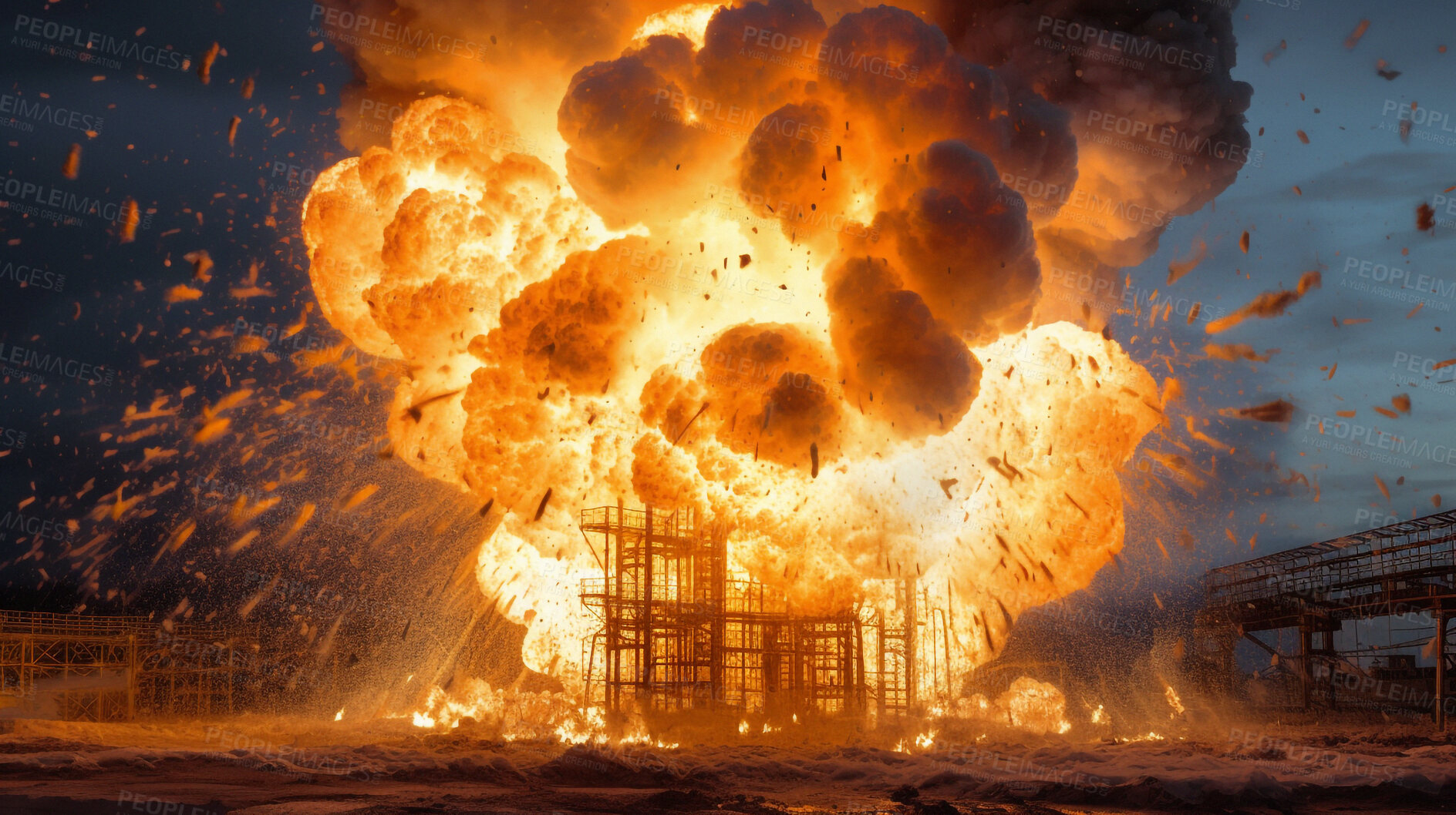 Buy stock photo Smoke, accident and explosion of oil rig at sea for damage, emergency and danger. Catastrophe, crisis and fire with refinery machine on ocean platform for ai generated, industrial energy and power