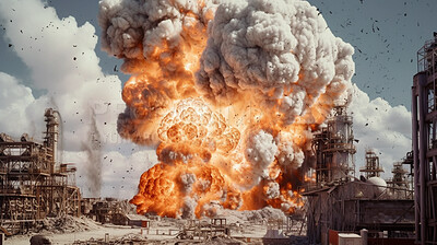 Crisis, power plant and nuclear explosion of bomb in city for buildings, smoke and armageddon. Catastrophe, accident and danger with attack and mushroom cloud for ai generated, chemical and burn