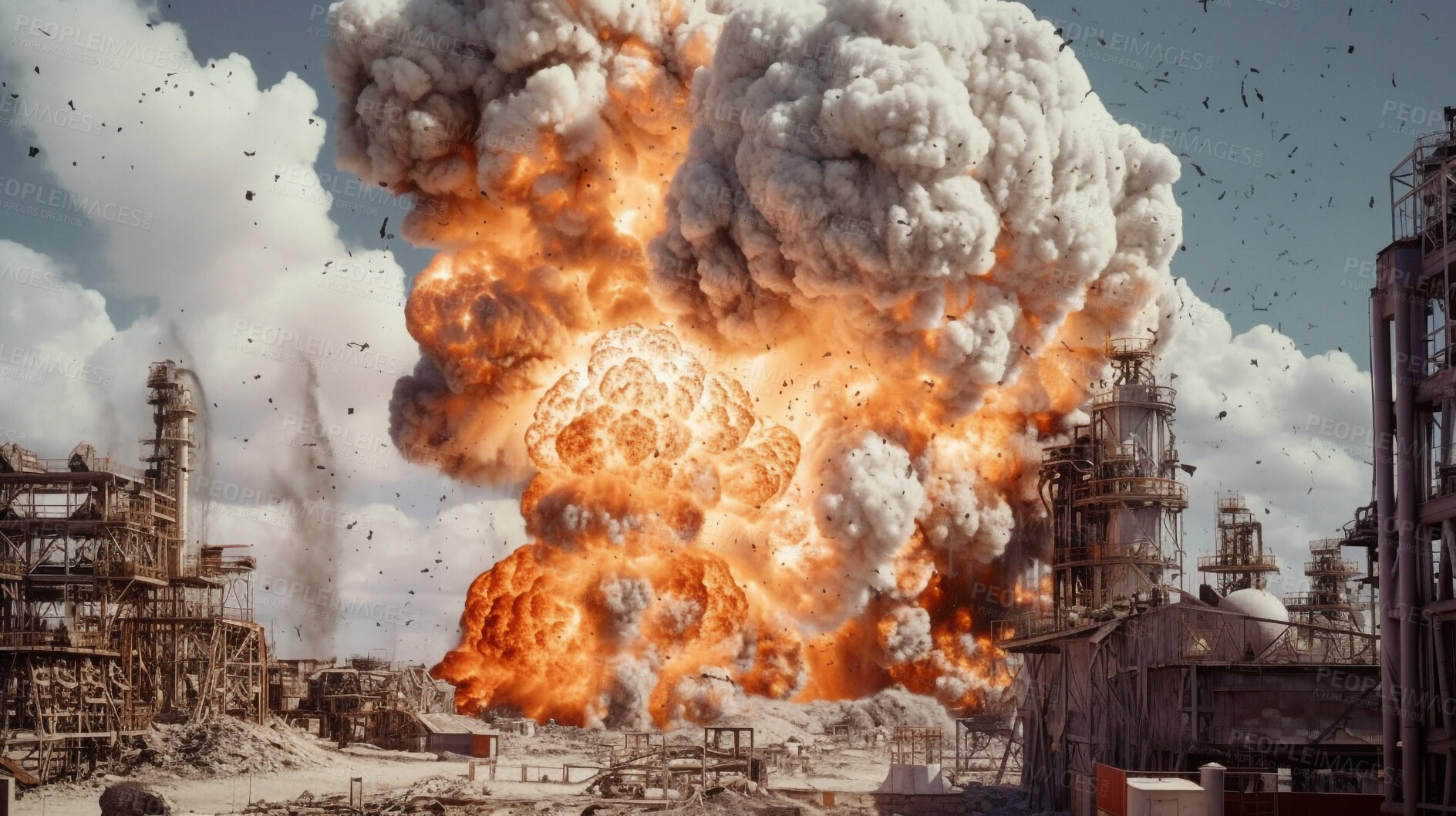 Buy stock photo Crisis, power plant and nuclear explosion of bomb in city for buildings, smoke and armageddon. Catastrophe, accident and danger with attack and mushroom cloud for ai generated, chemical and burn