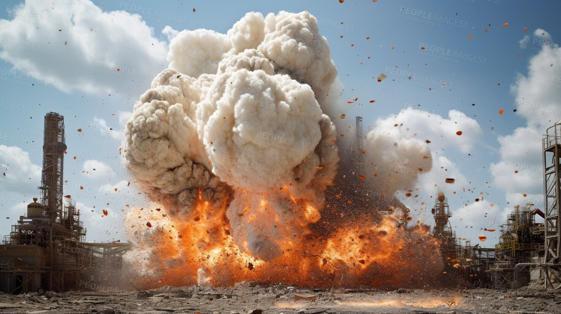 Buy stock photo Accident, power plant and nuclear explosion of bomb in city for buildings, smoke and armageddon. Catastrophe, crisis and danger with attack and mushroom cloud for ai generated, chemical and burn