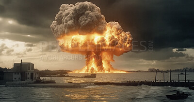 Buy stock photo Disaster, apocalypse and nuclear explosion of bomb in city for battle, smoke and armageddon. Catastrophe, crisis and danger with attack with mushroom cloud for ai generated, atomic nuke and power