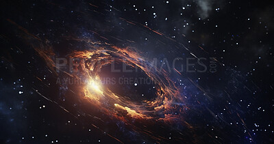 Buy stock photo Stars, wormhole and galaxy space vortex in dark sky for astrology black hole, solar system and universe research. Ai generated, spiral and dimension tunnel of explosion, cosmic creation and big bang
