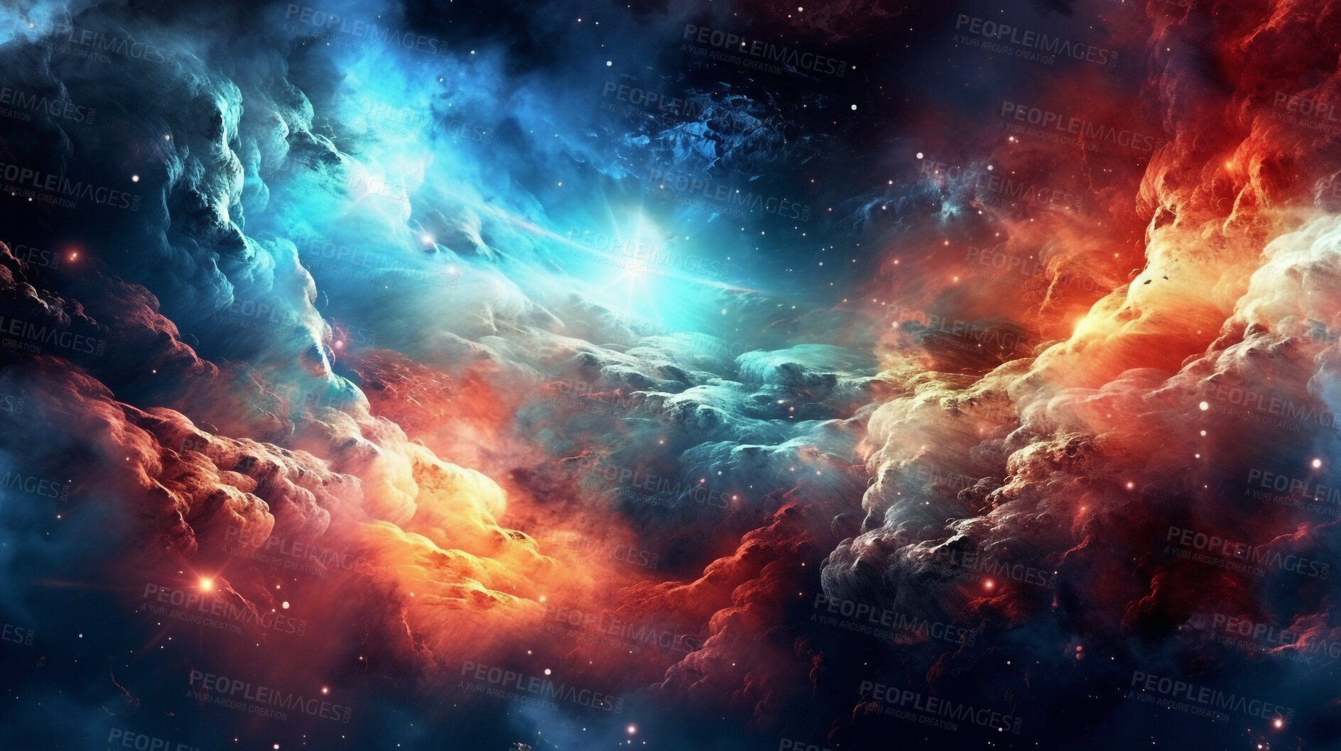 Buy stock photo Nebula, cosmos and dust cloud in dark sky of astrology, universe and space supernova for science research. Ai generated, color and solar system flare with galaxy, explosion and cosmic gas background