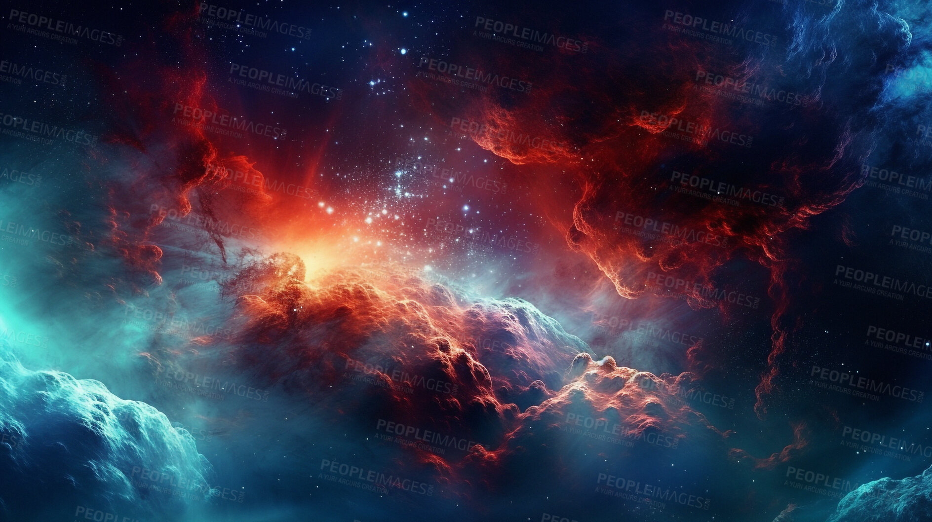 Buy stock photo Galaxy, supernova and dust cloud in dark sky of astrology, universe and nebula cosmos for science research. Ai generated, color and solar system flare with space, explosion and cosmic gas background