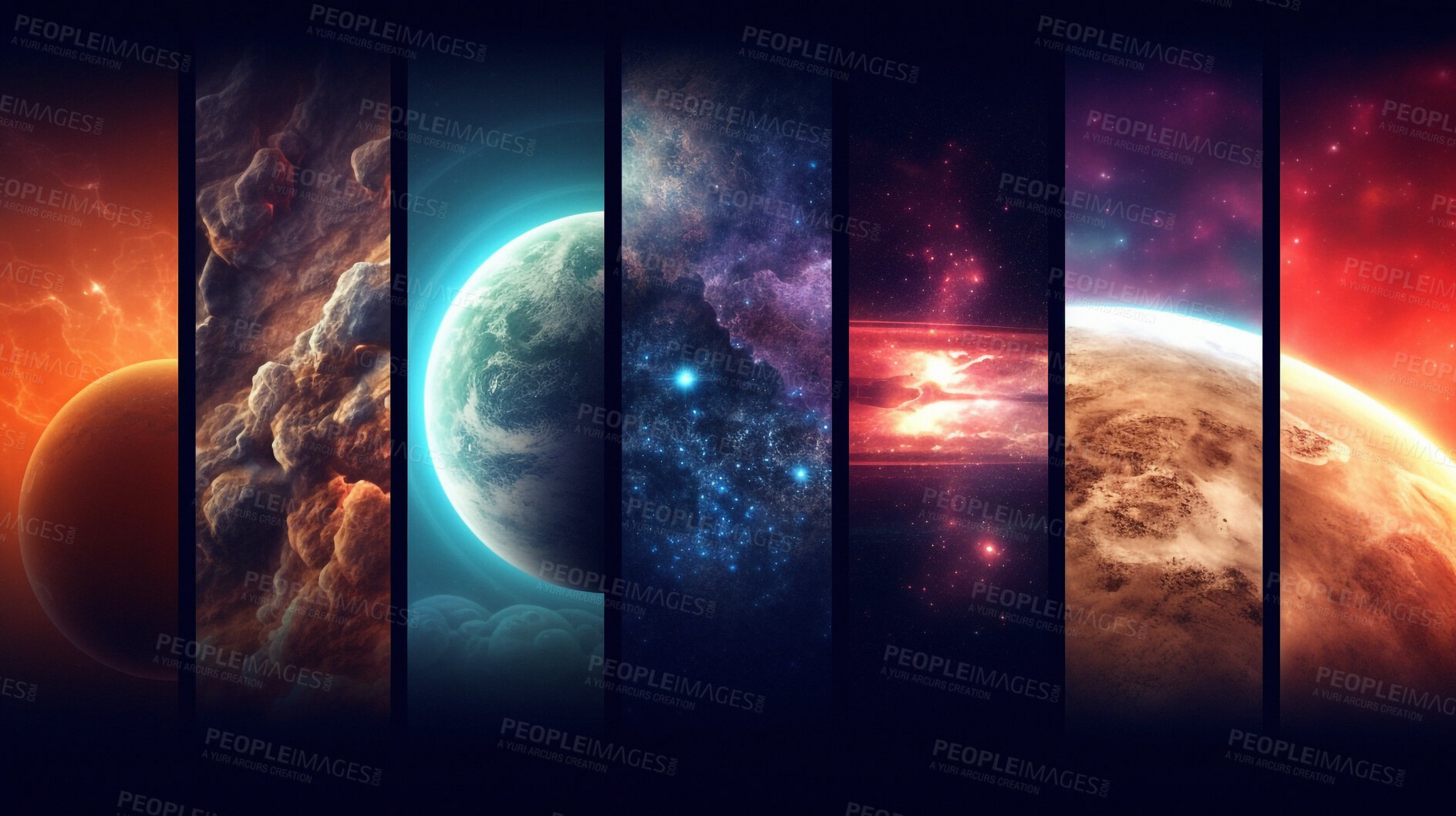 Buy stock photo Collage, galaxy and space planets in dark sky of astrology, universe and nebula cosmos for science research. Ai generated, color and solar system flare with space, explosion and cosmic gas background