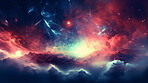 Galaxy, mountains and dust cloud in dark sky of astrology, universe and nebula cosmos for science research. Ai generated, color and solar system flare with space, explosion and cosmic gas background