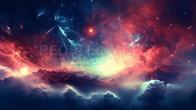 Buy stock photo Galaxy, mountains and dust cloud in dark sky of astrology, universe and nebula cosmos for science research. Ai generated, color and solar system flare with space, explosion and cosmic gas background