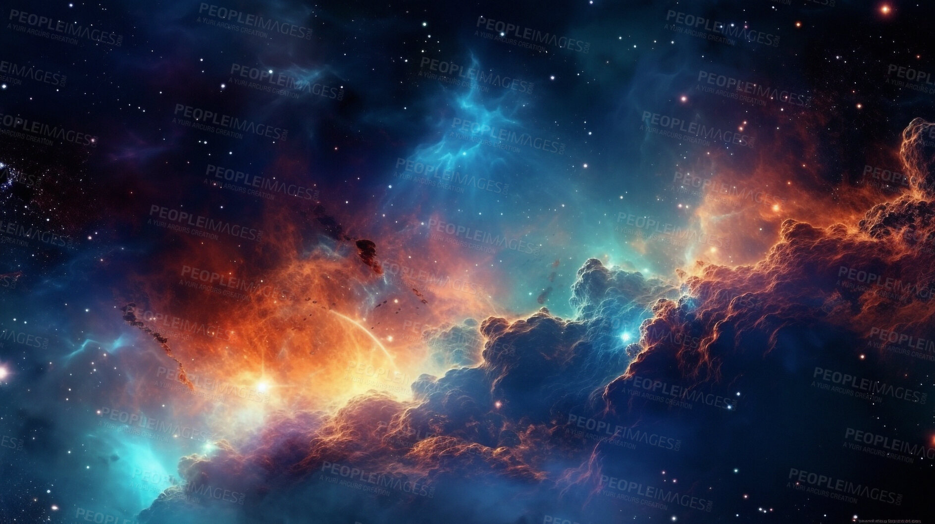 Buy stock photo Galaxy, space and dust cloud in dark sky of astrology, universe and nebula cosmos for science research. Ai generated, color and solar system flare with supernova, explosion and cosmic gas background