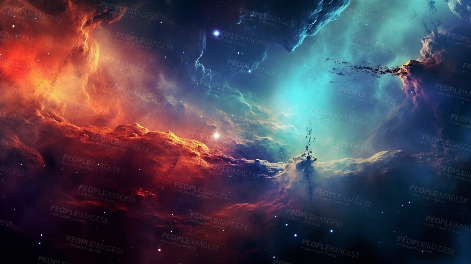 Buy stock photo Galaxy, solar system and dust cloud in dark sky of astrology, universe and nebula cosmos for science research. Ai generated, color and space flare with supernova, explosion and cosmic gas background