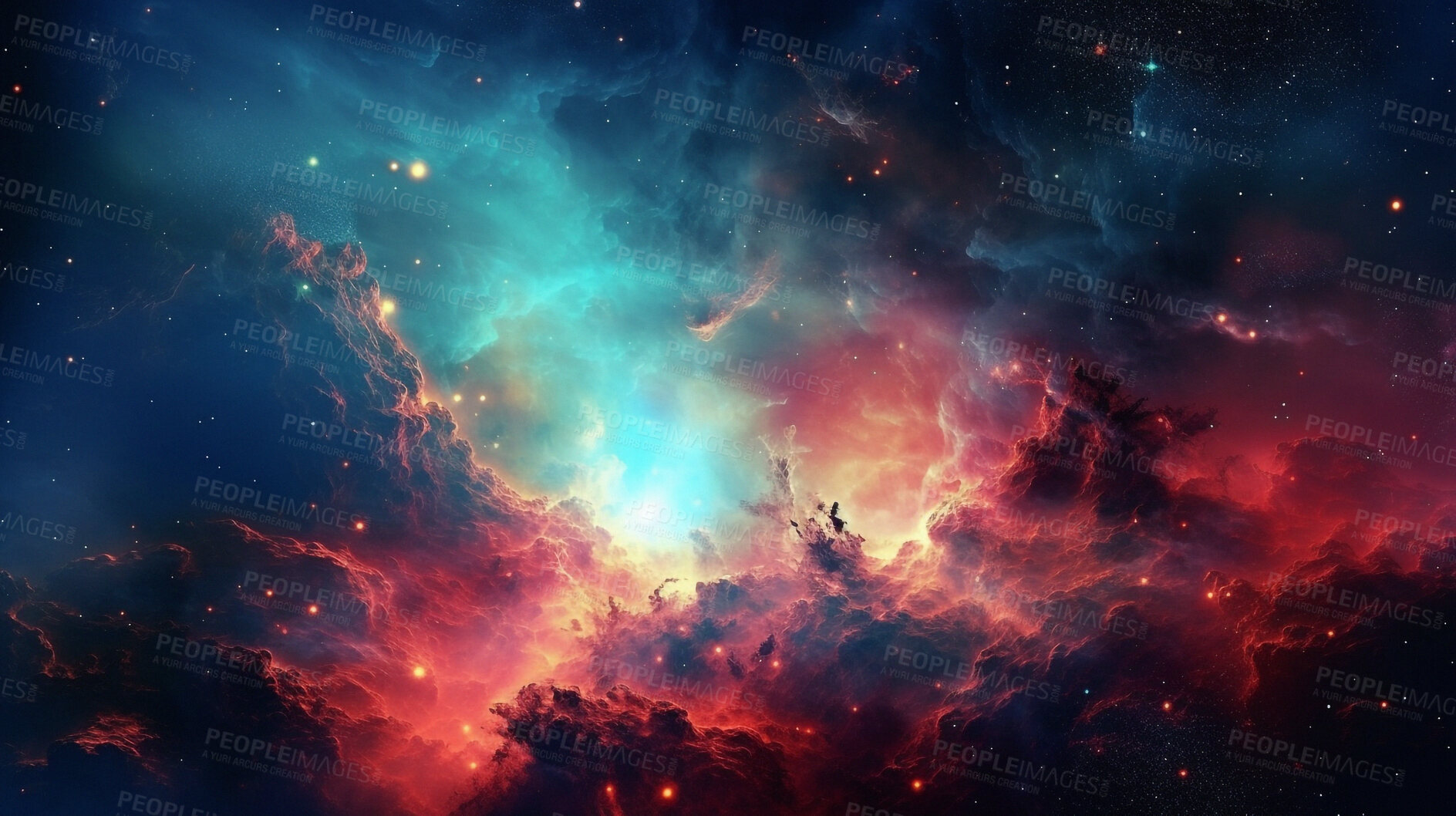 Buy stock photo Nebula, solar system and dust cloud in dark sky of astrology, universe and galaxy cosmos for science research. Ai generated, color and space flare with supernova, explosion and cosmic gas background