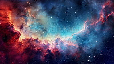 Buy stock photo Nebula, space and dust cloud in dark sky of astrology, universe and solar system cosmos for science research. Ai generated, color and galaxy flare with supernova, explosion and cosmic gas background