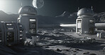 Lunar, buildings and futuristic architecture in space for science research, astronomy and galaxy exploration. Ai generated, planet and future city infrastructure for aerospace colony or moon landing