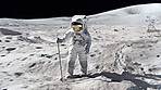 Astronaut, person and moon surface exploration for solar system, universe or planet landing. Ai generated, spaceman and safety suit on lunar discovery, space mission and science navigation background